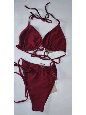 SAME Los Angeles Swim Bikini Set 2Pc Medium Triangle Top High Weist Bottom Red